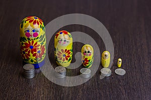 Russian coins and russian nesting doll matryoshka