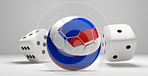 Russian colored soccer football ball and rolling dices white 3d
