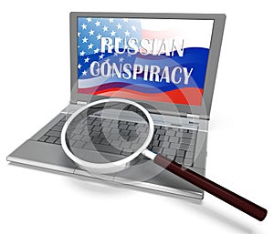 Russian Conspiracy Scheme Laptop. Politicians Conspiring With Foreign Governments 3d Illustration