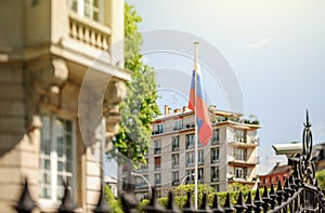 Russian consulate embassy with waving flag