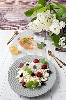 Russian cottage cheese with berries, honey mint, selective focus, healthy Breakfast