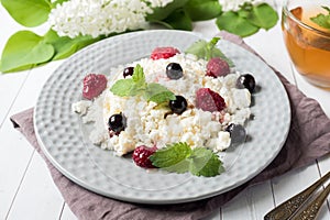 Russian cottage cheese with berries, honey mint, selective focus, healthy Breakfast