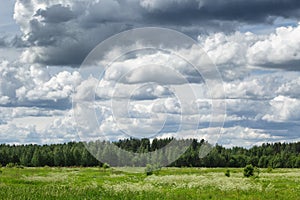 Russian countryside landskape with cloudy sky