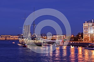 Russian cruiser Aurora - Russian protected cruiser at night, Saint Petersburg