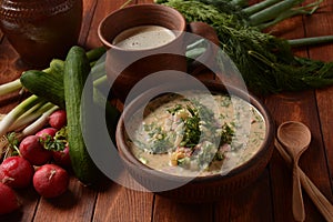 Russian cuisine- Okroshka, Summer light cold yogurt soup with cucumber, radish, eggs and dill with sour cream