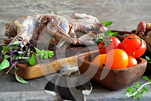 Russian cuisine with woodcock. Wild hunting fowls in cooking