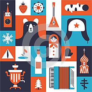 Russian cultural symbols. Set of flat icons. Travel concept. Traditional cuisine and clothes, nature and landmarks, etc. Isolated