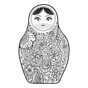 Russian doll matrioshka Babushka sketch smiling face black outline isolated on white background for site, blog, coloring book, fab