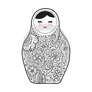 Russian doll matrioshka Babushka sketch smiling face with pink cheeks on white background. Vector