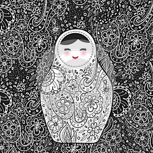 Russian doll matrioshka Babushka smiling face with pink cheeks, sketch flowers and leaves contours on black background. Vector