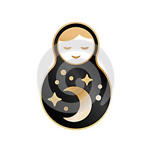 Russian doll matrioshka Babushka smiling Kawaii cute face, Stars, moon, constellation, night sky. Black gold isolated on white