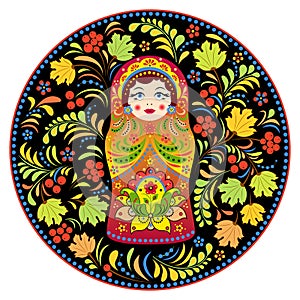 Russian doll matryoshka and abstract flowers