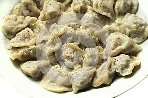 Russian dumplings with minced meat on a plate on a white background