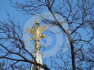Russian eagle on top of the tower on Red square in Moscow. National Emblem of Russia