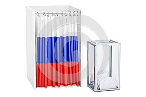 Russian election concept, ballot box and voting booths with flag