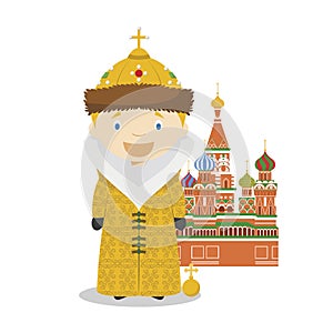 Russian empire cartoon character with Saint Basils Cathedral. Vector Illustration. photo