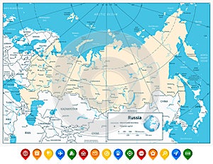 Russian Federation detailed map and colorful map pointers
