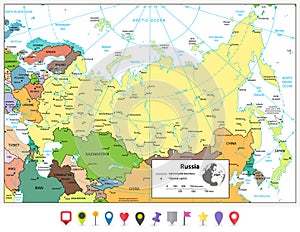 Russian Federation detailed political map and flat map pointers