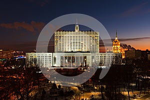 Russian federation government white house in Moscow night view