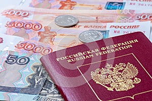 Russian Federation passport and Russian banknotes rubles