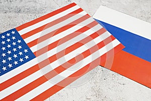 Russian Federation & USA - disagreement, Russia and USA flags. Relationship conflict between USA and USA