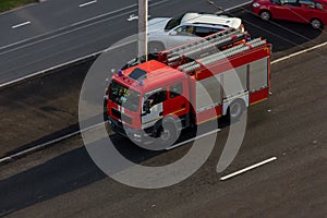 Russian firefighting services EMERCOM drive through the city streets, Russia, St. Petersburg, August 2020. photo