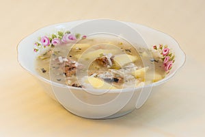 Russian fish soup with Pacific saury (Cololabis saira) - seafood in Russian Far Eastern Cuisine