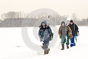 Russian Fishermen Ice Fishing in Winter