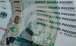 Russian five roubles banknotes close up photo