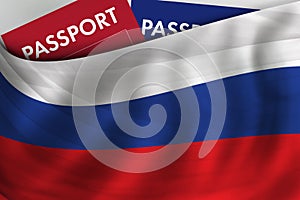 Russian flag background and passport of Russia. Citizenship, official legal immigration, visa, business and travel concept