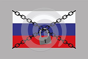 Russian flag in chains and under lock and key. Country isolation, concept banner. Economic sanctions against the aggressor. Ban on