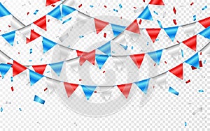 Russian flag festive bunting against. Party background with flags garland. Garlands of red white blue flags and foil confetti. Vec