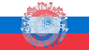 Russian flag with an image of the Covid-19 virus in the flags colors