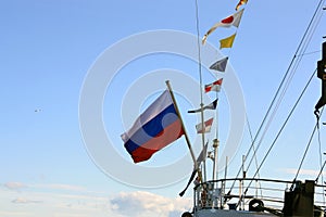 Russian flag on the stern of the ship