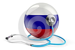 Russian flag with stethoscope. Health care in Russia concept, 3D rendering