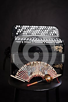 Russian folk musical instruments. Accordion, spoons, Psalms