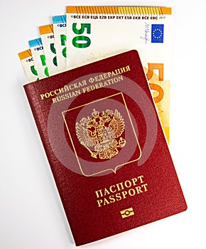 Russian foreign passport and banknotes