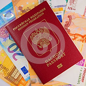 Russian foreign passport and banknotes