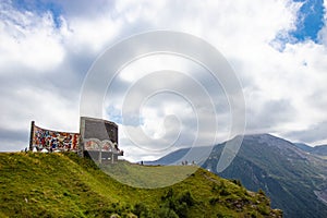 Russian Georgian friendship monument. Georgia, Gudauri. Soviet style architecture