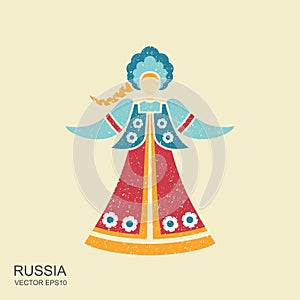 Russian girl in national dress with a long plait. Flat icon with scuffed effect