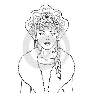 Russian girl with a scythe and in kokoshnike. National clothes of Russia. Vector object on a white background. Coloring