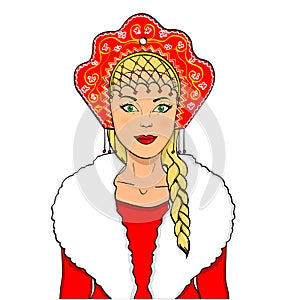 Russian girl with a scythe and in kokoshnike. National clothes of Russia. Vector object on a white background