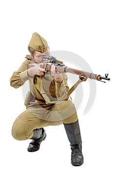 Russian girl soldier. WW2 reenacting isolated on white