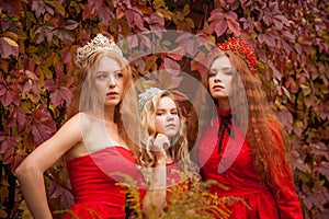 Russian girls are beautiful. Russian national traditions. Sisters in crowns. Wives from abroad. Girlfriends in red dresses photo