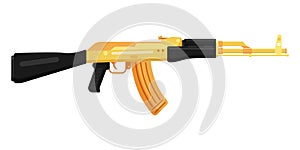 Russian golden AK 47 Kalashnikov assault rifle with butt. Concept of terrorism and war