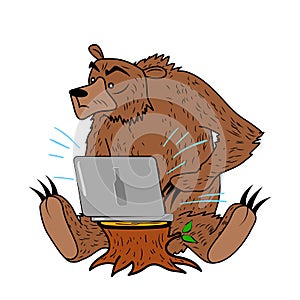 Russian hacker bear with laptop on wood stump