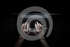 Russian hacker hacking the server in the dark web, Deep Web. Top view
