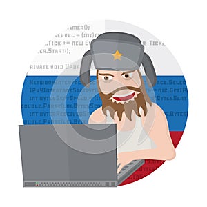 Russian hacker with laptop isolated on white background.