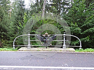 Russian Imperial Coat of Arms Double Headed Black Eagle with Golden Crowns on the Bridge Railing representing Alexander Third,