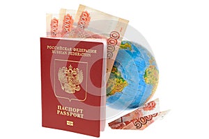 Russian International passport with money, globe and origami plane made from money isolated on white